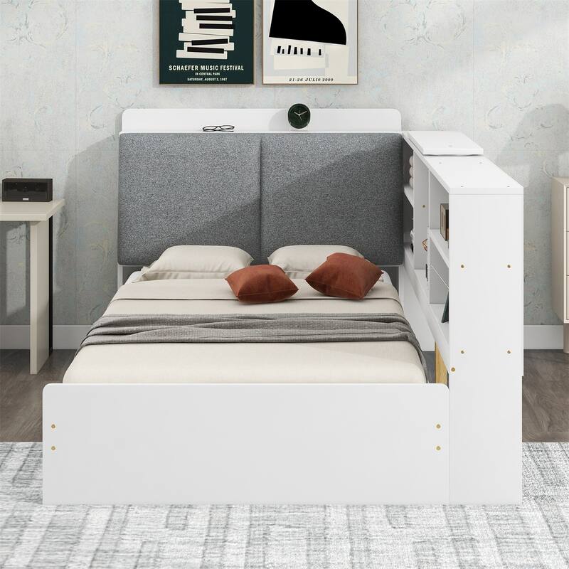 Wood Twin Size Platform Bed w/ Storage Headboard, Shelves & 2 Drawers