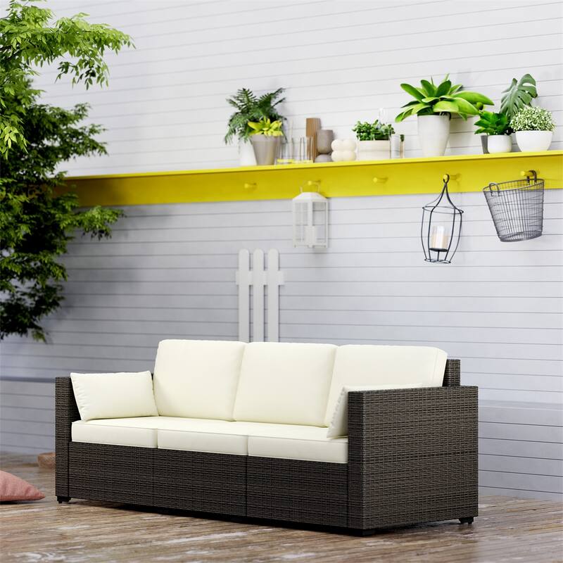 3-Seat Cream White Outdoor Rattan Sofa with Cushions and Weather-Resistant Patio Furniture - 78.7" W x 28.7" D x 28.3" H