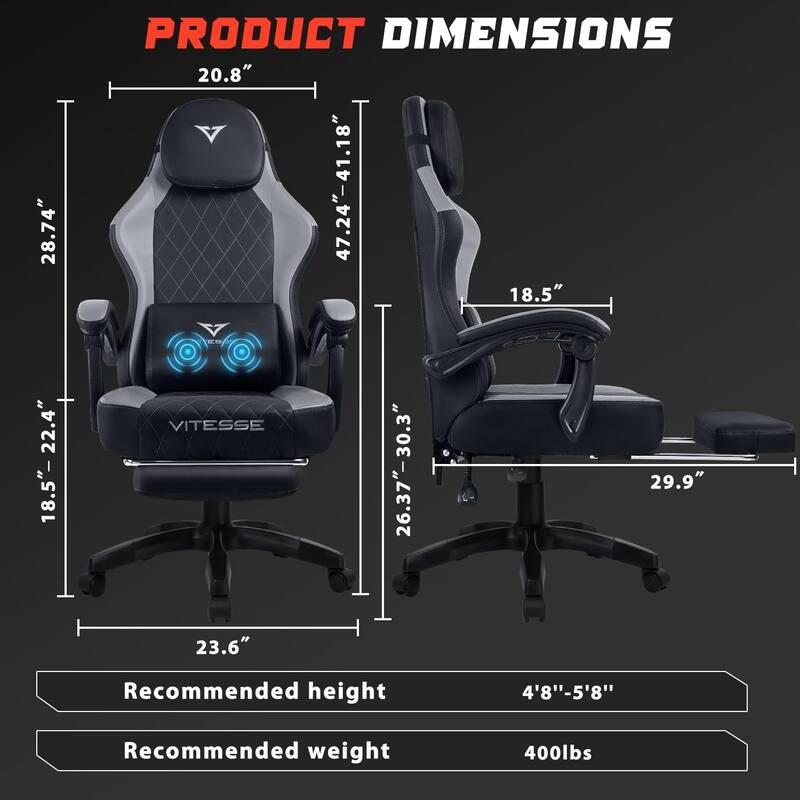 BOSSIN Ergonomic Gaming Chair – 400 lbs Support, PC/Racing Office Chair with Adjustable Swivel, Lumbar Vibration & Headrest