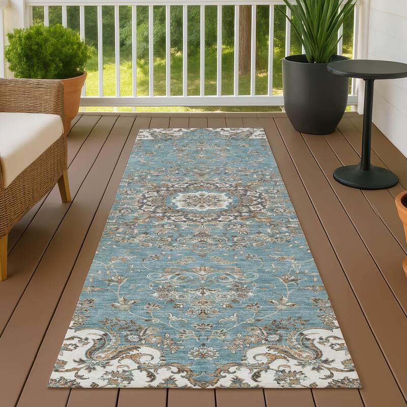 Machine Washable Indoor/ Outdoor Traditional Niko Chantille Rug - Teal - 2'3" x 7'6"