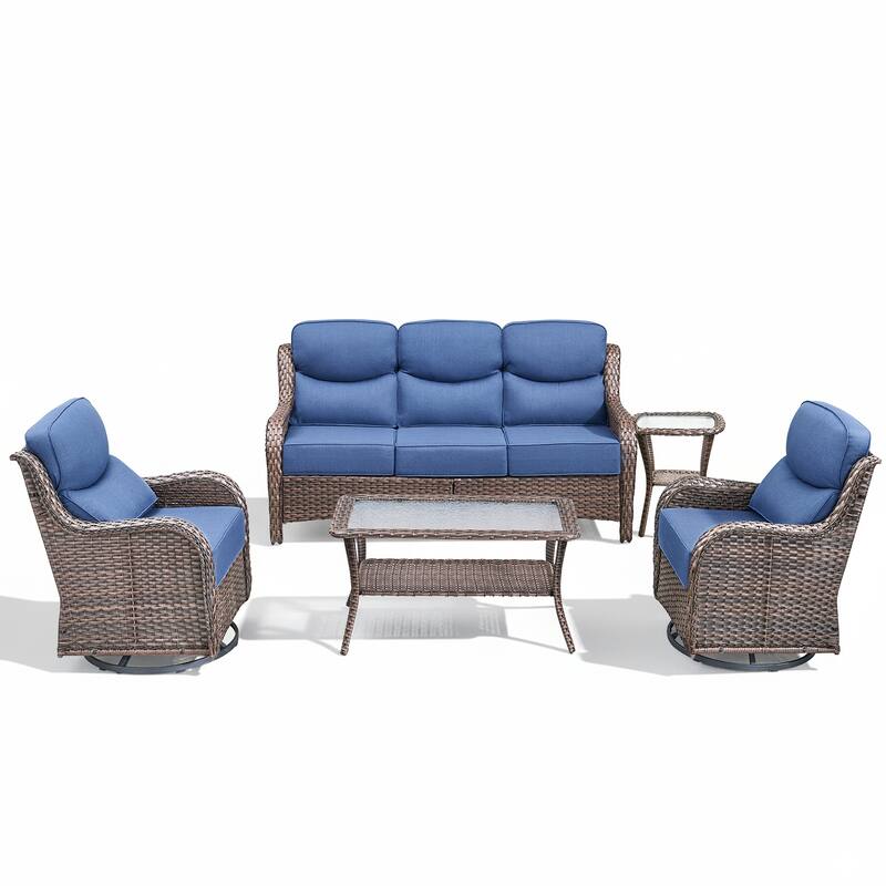 Meyreso 7-Piece Wicker Patio Conversation Set with Swivel Gliders and 6-Inch Thick Cushions