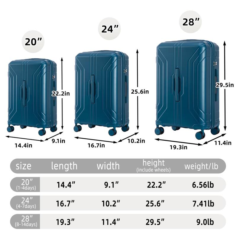 3 PCS in ABS Spinner Wheel Carry on Suitcase Luggage, TSA Combination Lock
