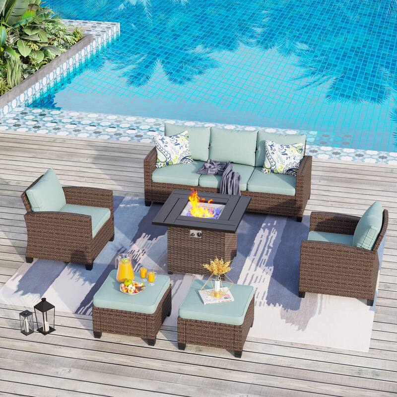 7/9-Seat Patio Furniture Wicker Rattan Outdoor High-back Sectional Sofa Conversation Set with Firepit Table