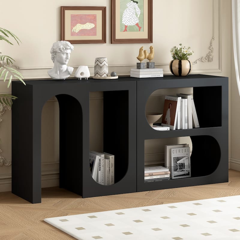Modular Entryway Console Table Accent Table with Rectangular Exterior and Curved Interior Design for Living Room - Black