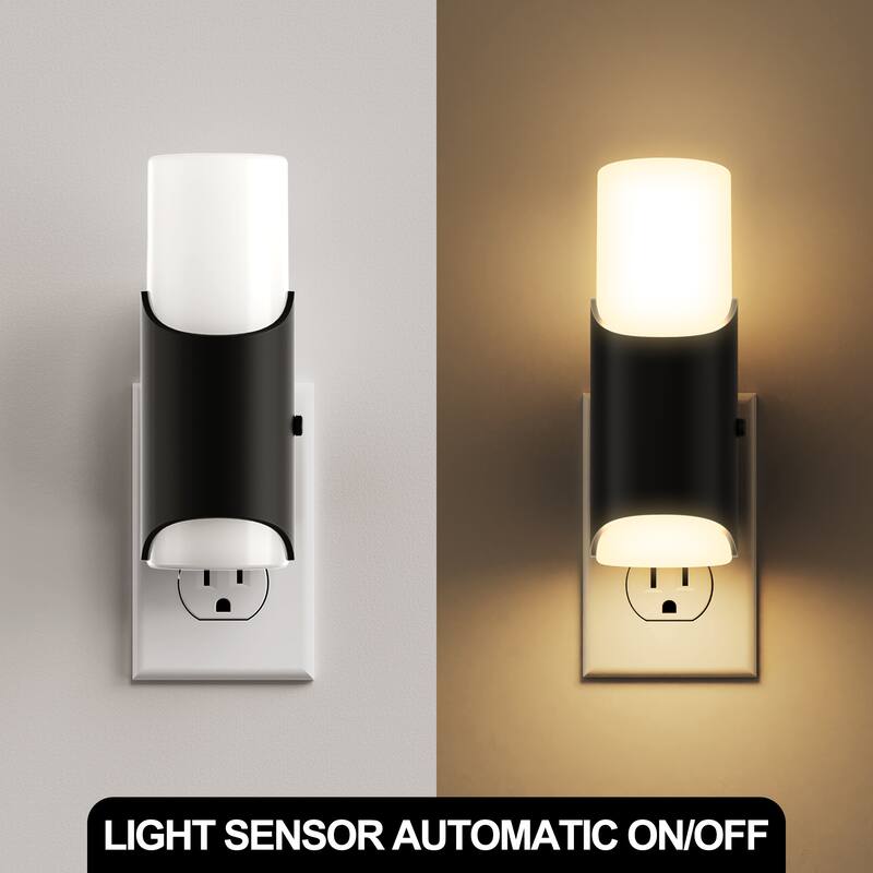 YANSUN Set of 2 Plug-in Dusk-to-Dawn Night Lights, Black Wall Lamp with Frosted Shades, 3000K Warm Light, Sliding Dimmer
