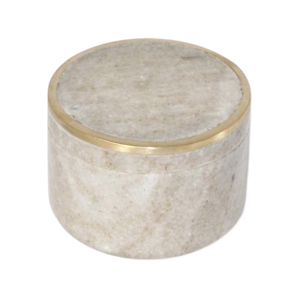 Sm. Beige Marble Canister w/ Brass Edge Lid 3"Dia - Beige/Gold