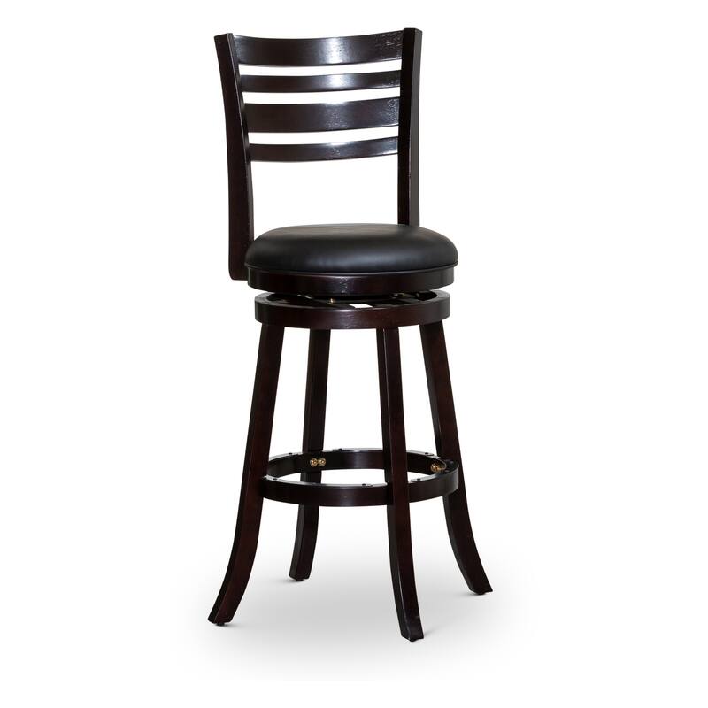 DTY Indoor Living Granby 4-Slat Back Swivel Stool - Espresso Finish/Black Bonded Leather - Bar Height - 29-32 in.