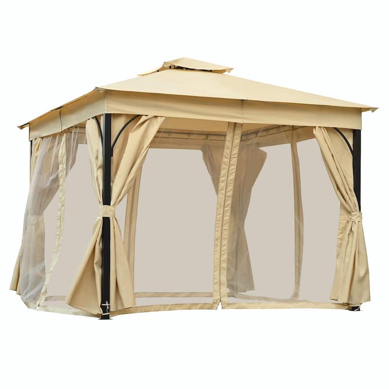 Outdoor Gazebo Tent with Double Roof, Mosquito Netting & Privacy Screens