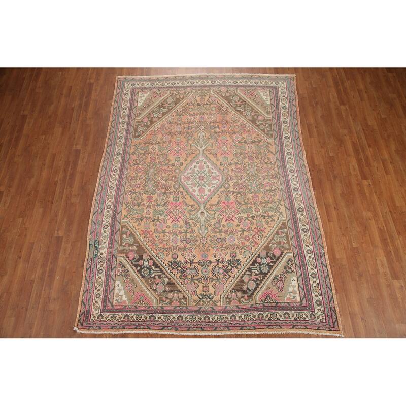 Hand Knotted Oriental 100% Wool Carpet Traditional Medallion Coral Hamedan Area Rug - 9' 8'' X 6' 11''