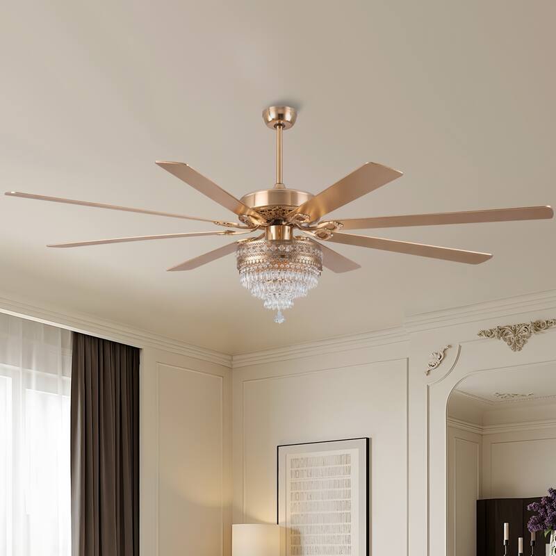 Kviflon 52"/62" Modern Crystal Chandelier Ceiling Fan Light,Reversible Airflow,E12 Bulbs,for Living Room Bedroom,Kitchen,Patio - 72 Inches-DC Motor - Gold