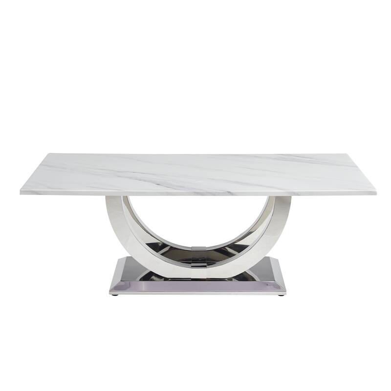 50.4 Inch Modern Rectangular Coffee Table,Marble Pattern MDF Top, Silver Stainless Steel Base.