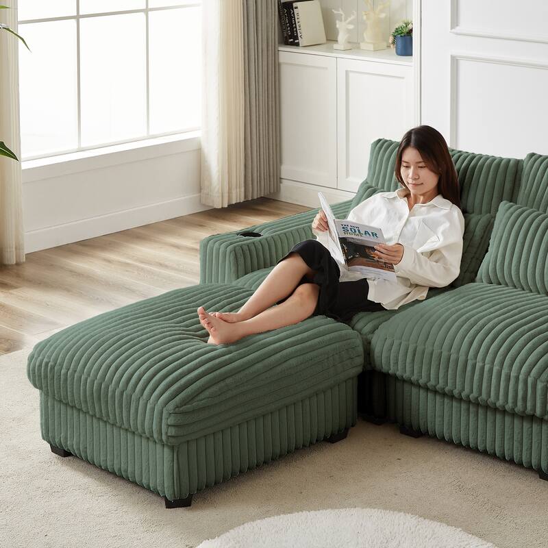 Modern 126-inch Corduroy Sofa with 4 Cushions, Movable Footrest, USB Ports, and Cup Holders