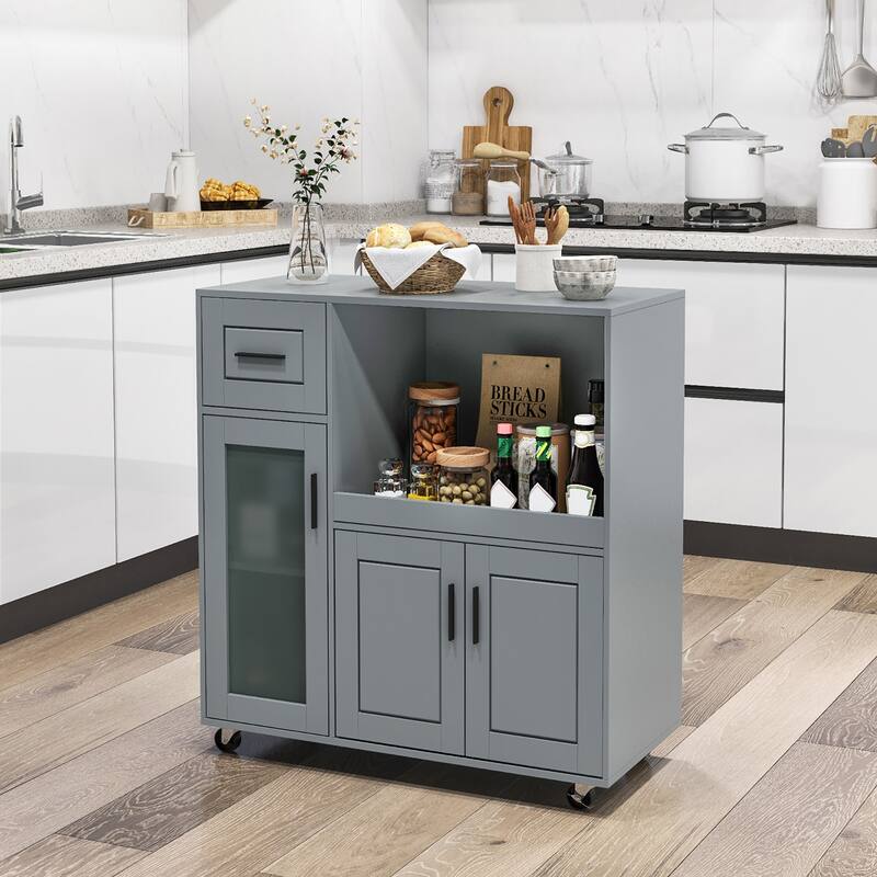 Gymax Kitchen Island Cart on Wheels Microwave Cabinet w/ Frosted