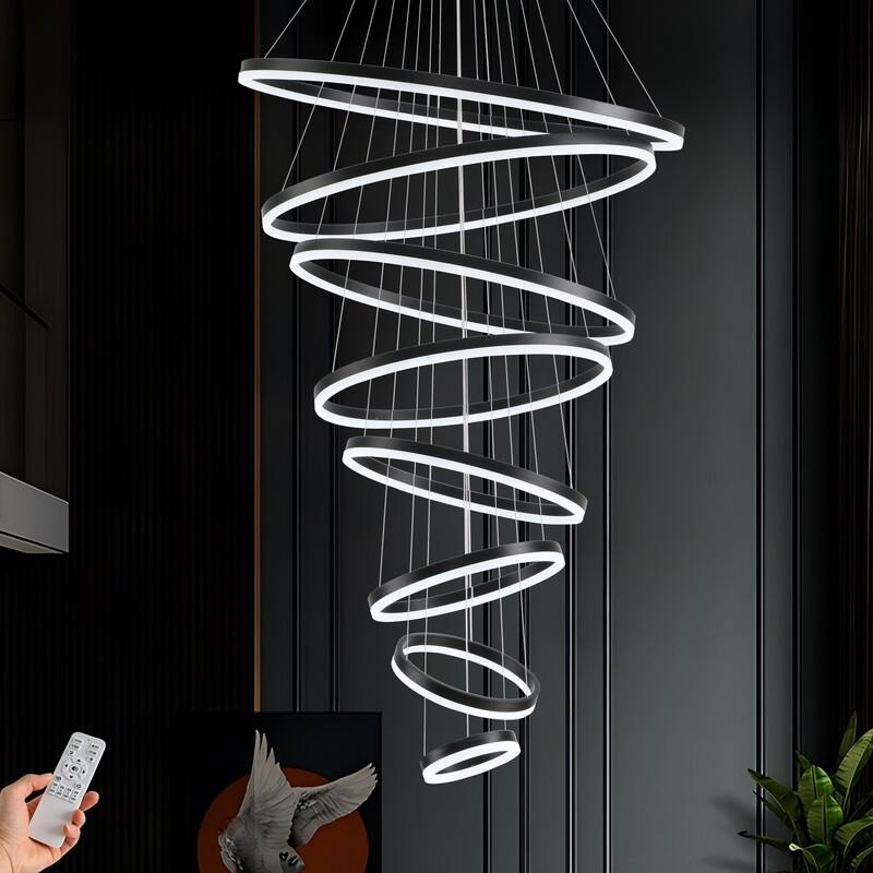 Modern Ring LED Chandelier Ring Adjustable Ceiling Light with Remote Control for High Ceilings - 8-ring-35.43in - Black