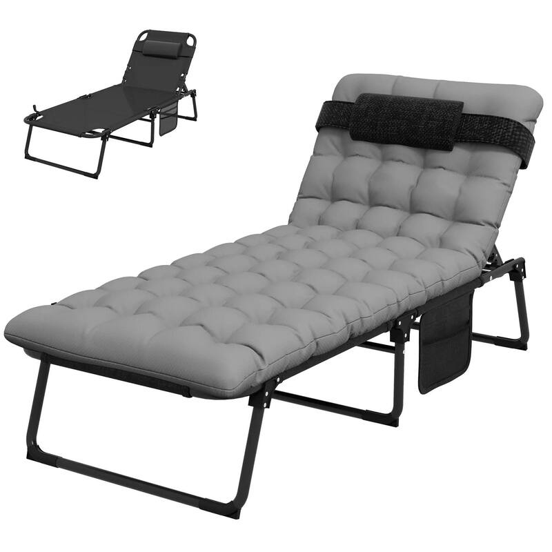 Folding Chaise Lounge Chair, 4 Position Recliner, Pocket, Pillow