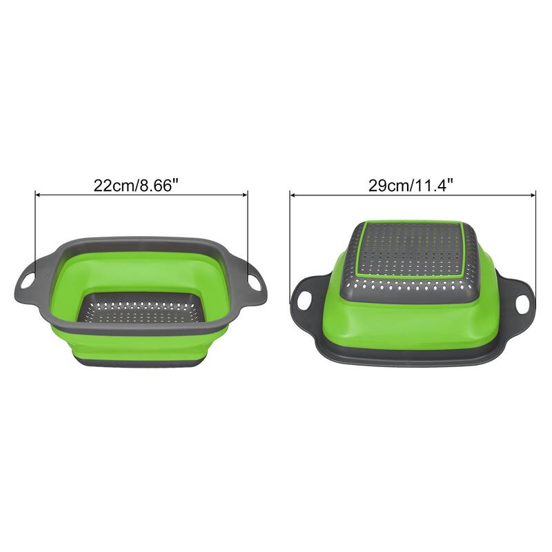 Collapsible Colander, Silicone Square Foldable Strainer with Handle - 29cm x 22cm x 9cm - Green