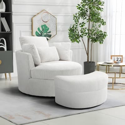 Chenille/Boucle Swivel Barrel Chair with Storage Ottoman