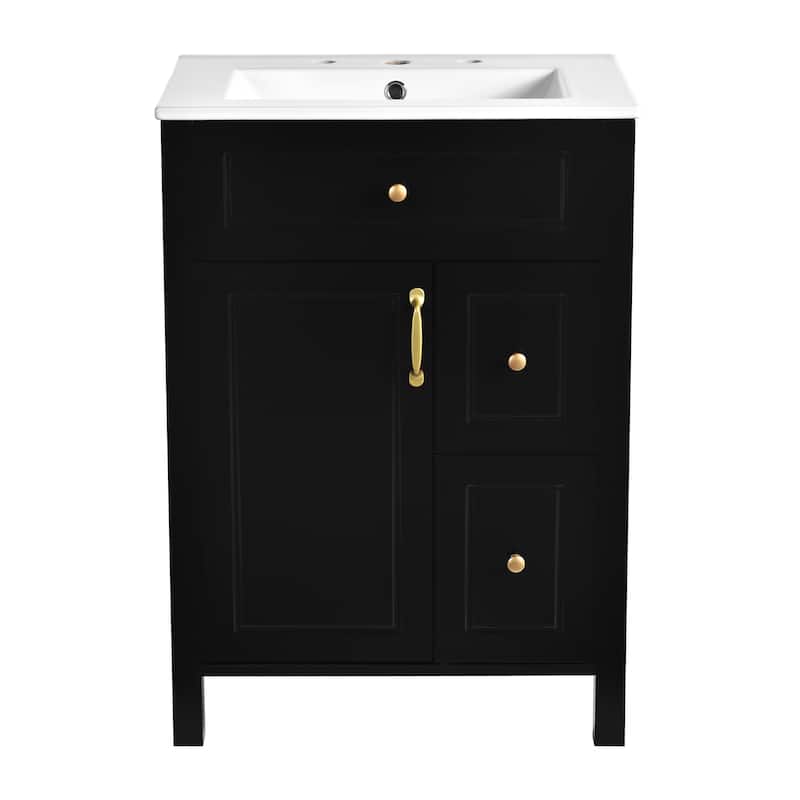 Freestanding Bathroom Vanity Compact Cabinet with Sink, 2 Drawers, Storage Door Racks, Gold Handles and Soft Close Mechanisms