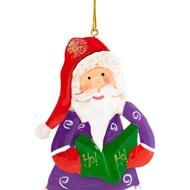 Glittered Ho Ho Caroling Santa Metal Christmas Ornaments - 5.5" - Set of 4