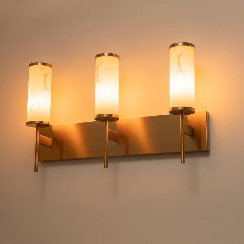 3-Light Gold Vanity Light Cylindrical Marble Crackle Glass Shades