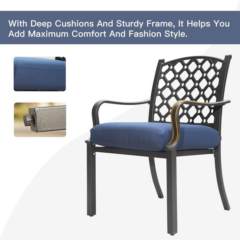 Outdoor 7 pcs Patio Dining Set, Metal Dining Table, Swivel and Dining Chairs Conversation Set with Removable Navy Blue C
