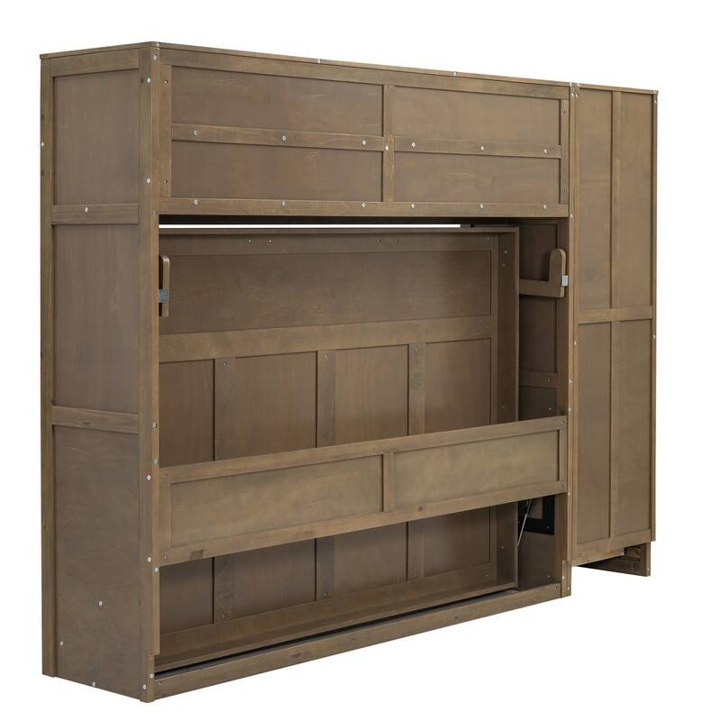 Full Size Murphy Bed Wall Bed with Bulit-in Wardrobe and 3 Storage Drawers, Folding Murphy Cabinet Bed with Open Shelves