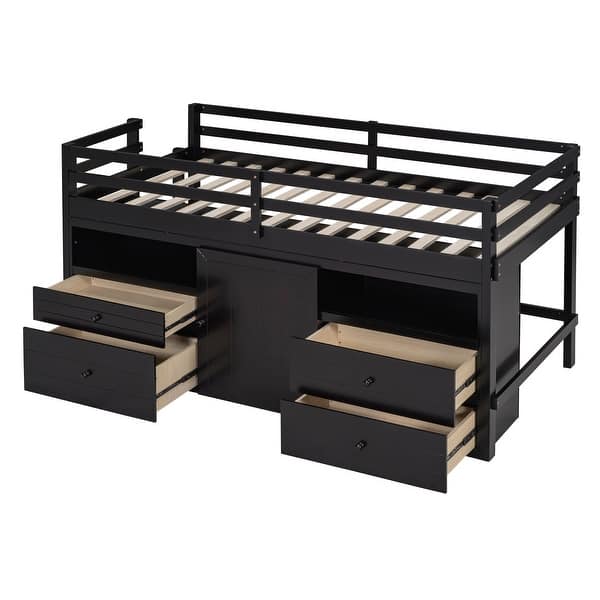 slide 2 of 14, Twin Size Espresso Wooden Low Loftbed Frame with 4 Drawers & Shelves