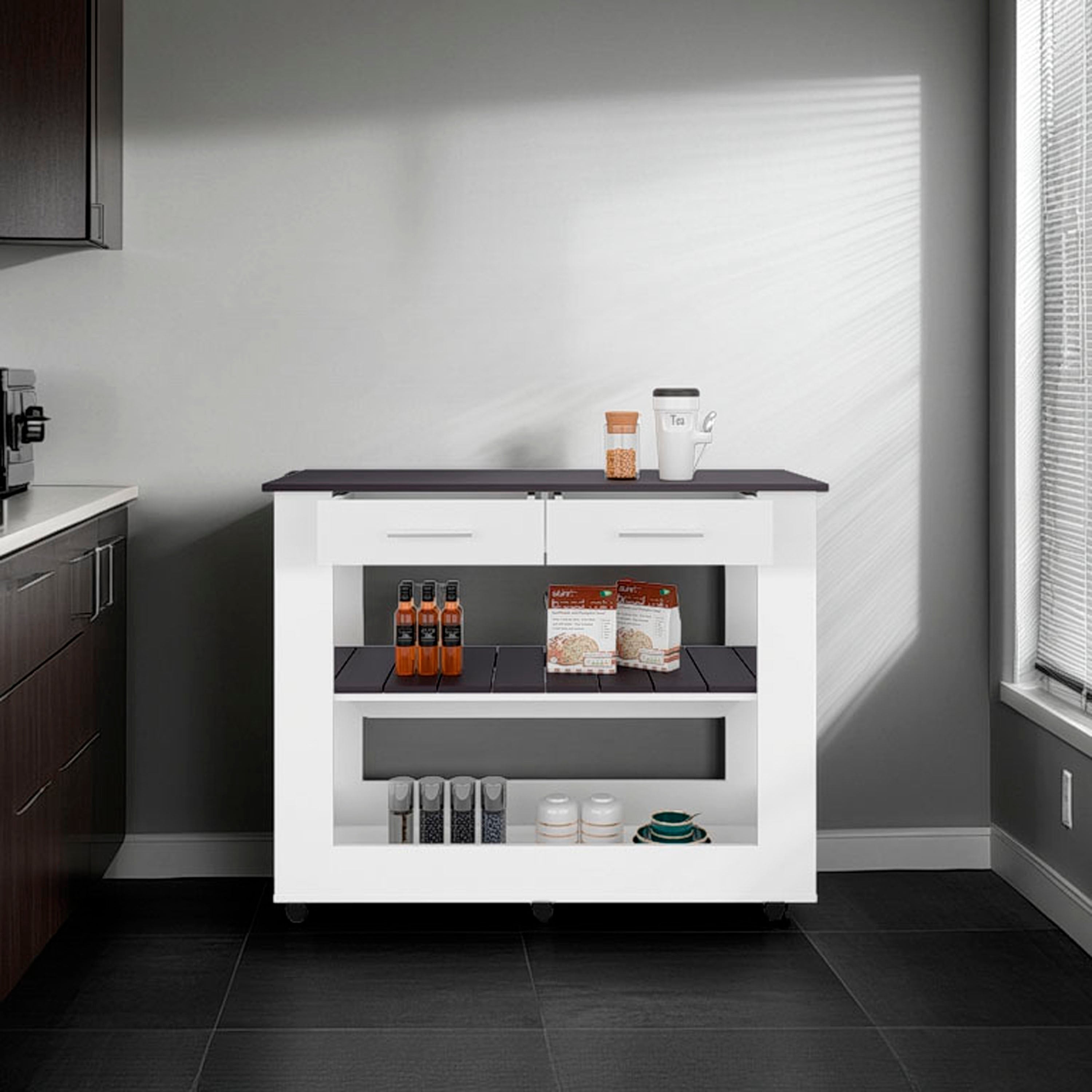 Brooklyn Kitchen Island with Open Storage, Shelves and Two Drawers
