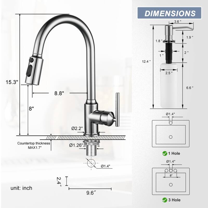 WOWOW Pull Down Sprayer Kitchen Faucet with Soap Dispenser