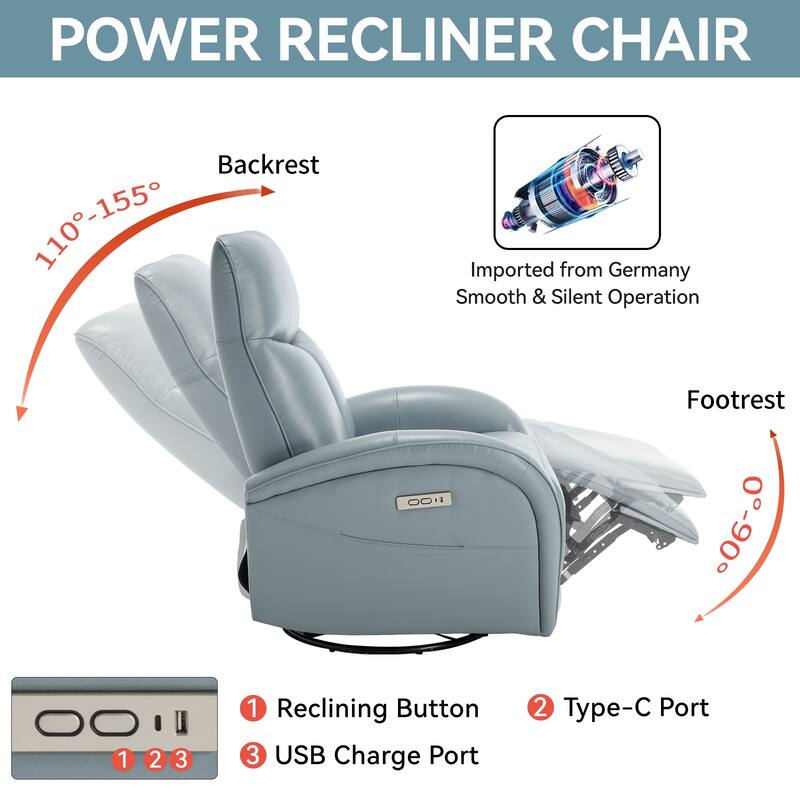 270° Genuine Leather Swivel and Rocker Power Recliner Chair for Elderly, Lving Room Single Sofa w/Lumbar Support & Rolled Arms