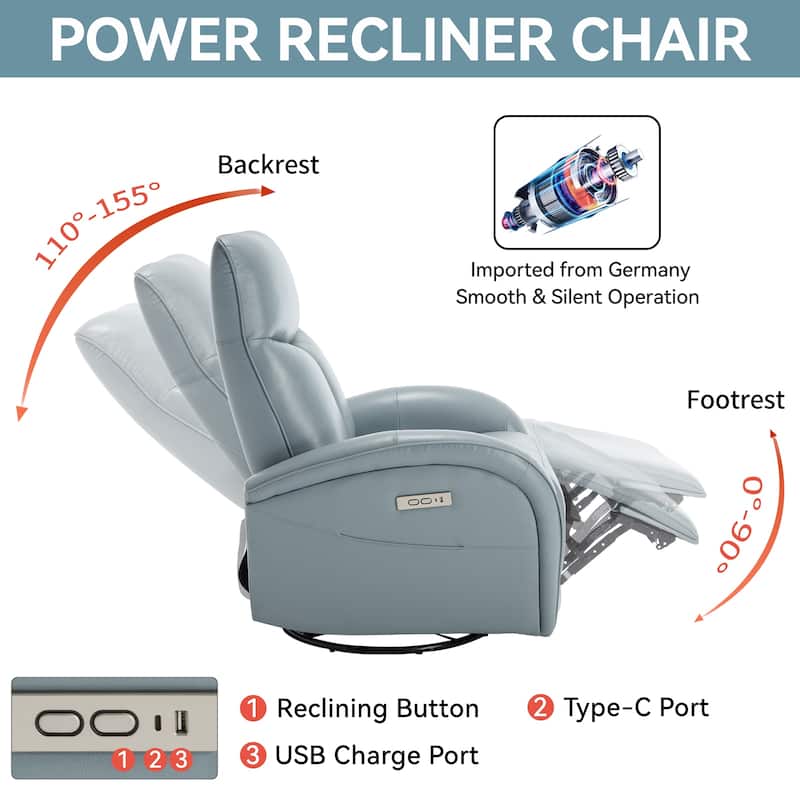 Genuine Leather Power Recliner Chair, 270° Swivel Rocker, USB, Type-C