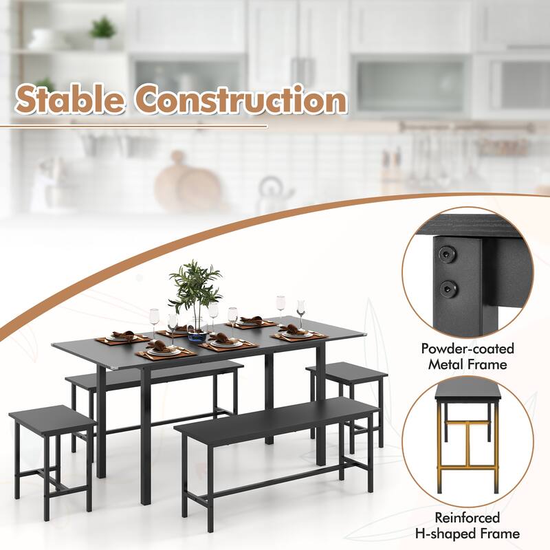Gymax 5 PCS Dining Table Set for 4-6 w/ 2 Benches & 2 Stools Metal