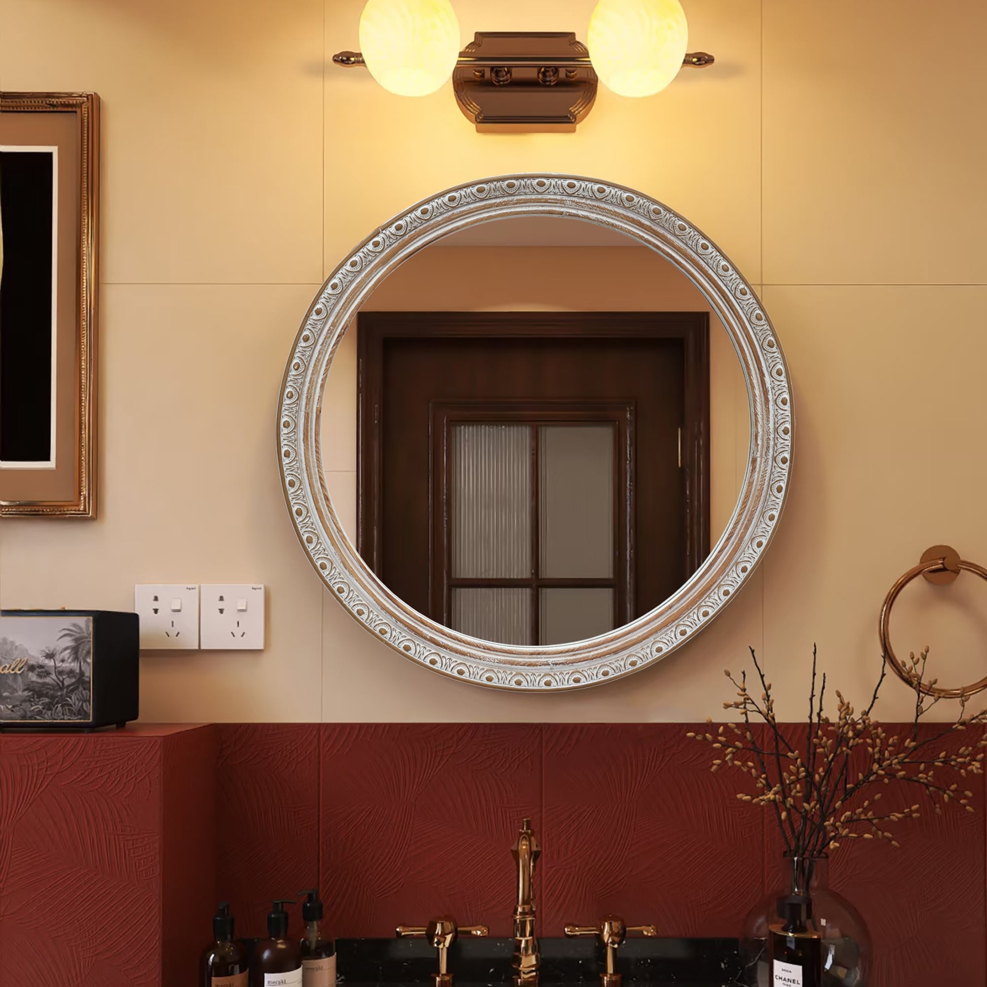 Round Wall Mirror (23.62" x 23.62") - Distressed Silver-Gold Carved Frame, Decorative Hanging Mirror for Bathroom, Bedroom