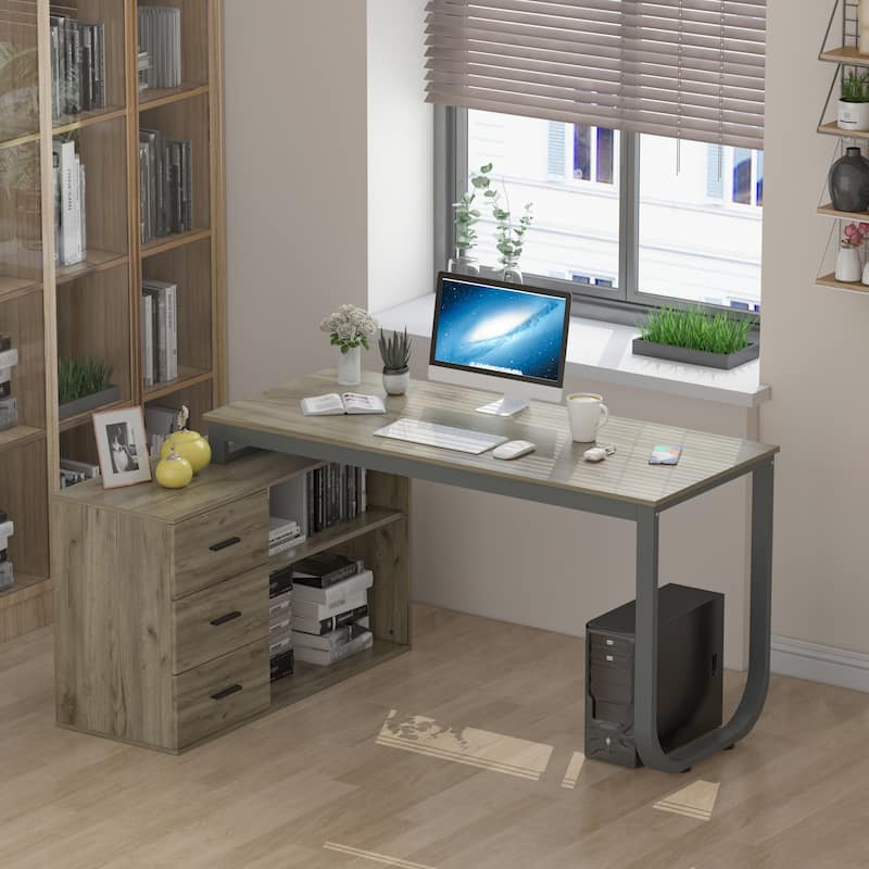 3-Drawer L-Shape Executive Desk Computer Tables With Storage Cabinet