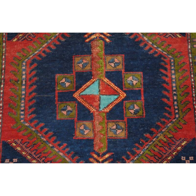 Hand Knotted Oriental 100% Wool Carpet Traditional Tribal Navy Blue & Blues Heriz Runner Rug - 9' 7'' X 3' 6''