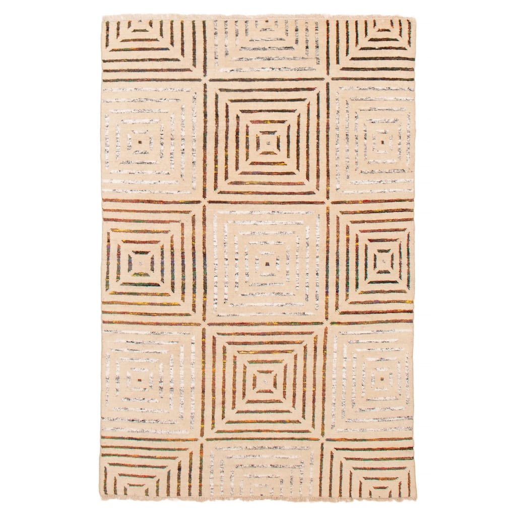 ECARPETGALLERY Hand-knotted Silk Shadow Cream Viscose, Wool Rug - 4' 9" x 7' 3"