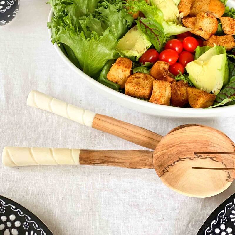 Handmade Olive Wood Serving Utensils with Natural Batik Bone Handles (Kenya)