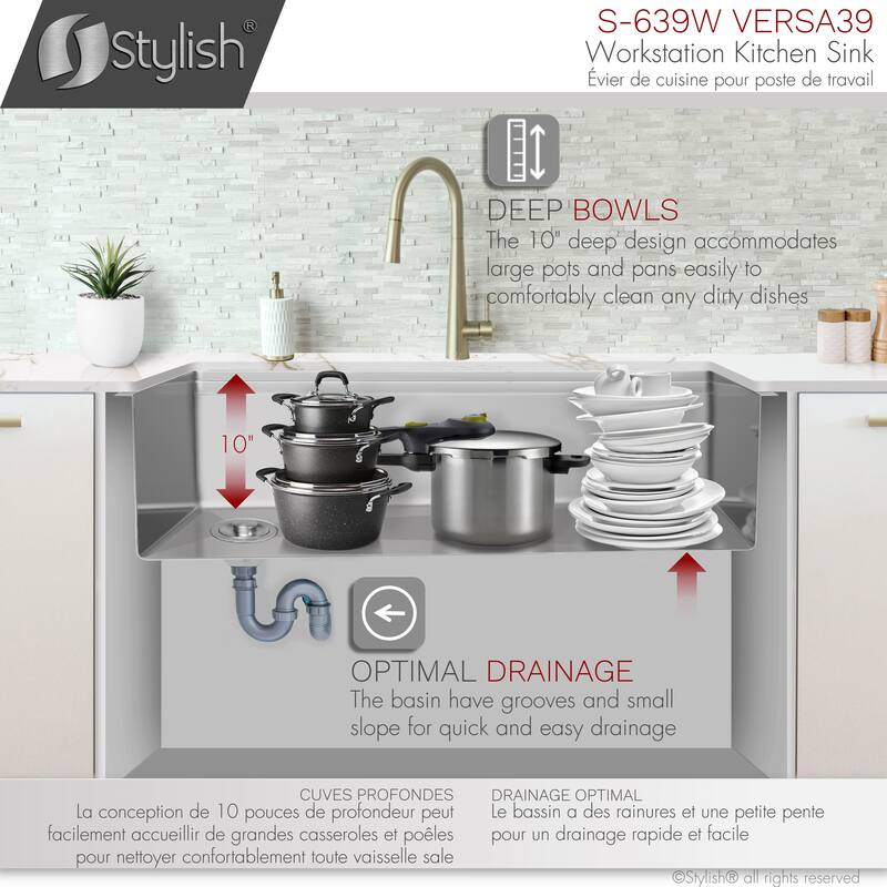 STYLISH 39 inches Workstation Single Bowl Undermount 16 Gauge Stainless Steel Kitchen Sink with Accessories included