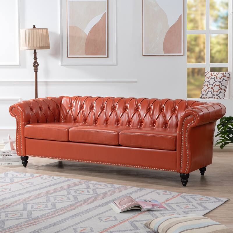Chesterfield PU Leather 3 Seater Sofa, Button Tufted Deep Seat Sofa, Upholstered Sofa with Rolled Arms & Nailhead Trim