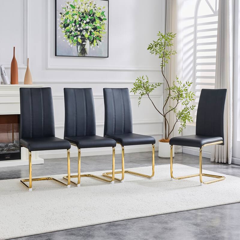 4-Pack PU Upholstered Dining Chairs - Modern High-Back Side Chairs with Luxury Gold-Plated Iron Tube Legs for Dining Room - Black,Gold
