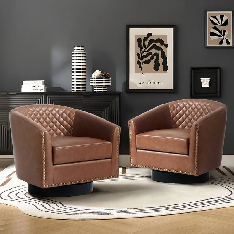 2 Set Modern Vegan Faux Leather Swivel Barrel Accent Chair