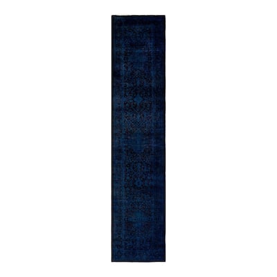 Overton Hand Knotted Wool Vintage Inspired Modern Contemporary Overdyed Blue Runner Rug - 2' 7" x 12' 0"