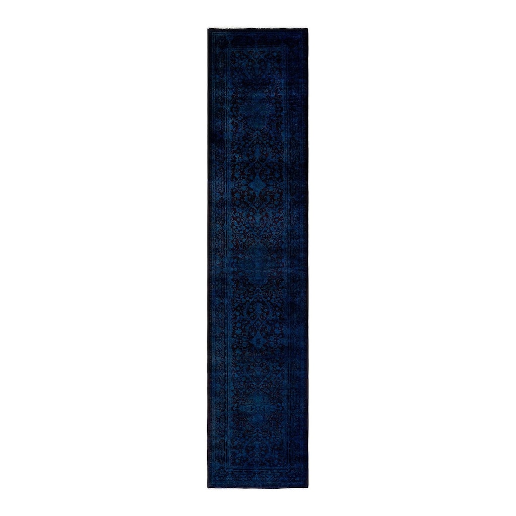 Overton Hand Knotted Wool Vintage Inspired Modern Contemporary Overdyed Blue Runner Rug - 2' 7" x 12' 0"