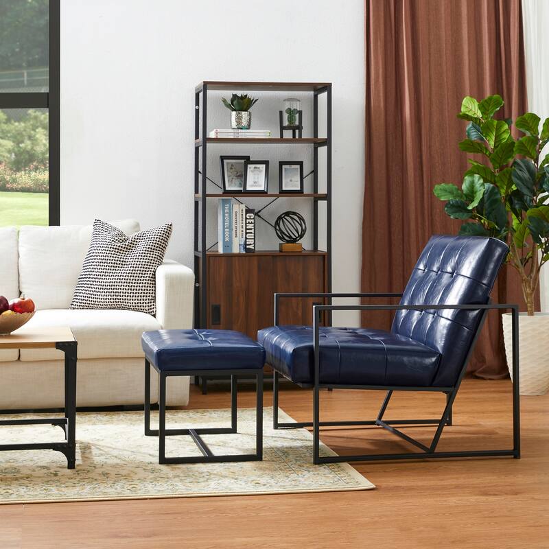 Glitzhome Modern PU Leather Tufted Accent Chair with Ottoman Set