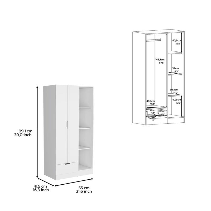 19.68" Modern Double-door Armoire with Drawer and 4-Tier Open Shelves for Bedroom