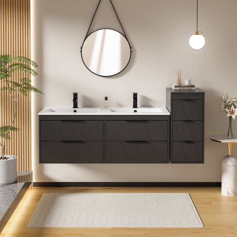 Bathroom Vanity Sink Combo Wall Mounted Cabinet Vanity Set with Side Cabinet - Black - 48 in