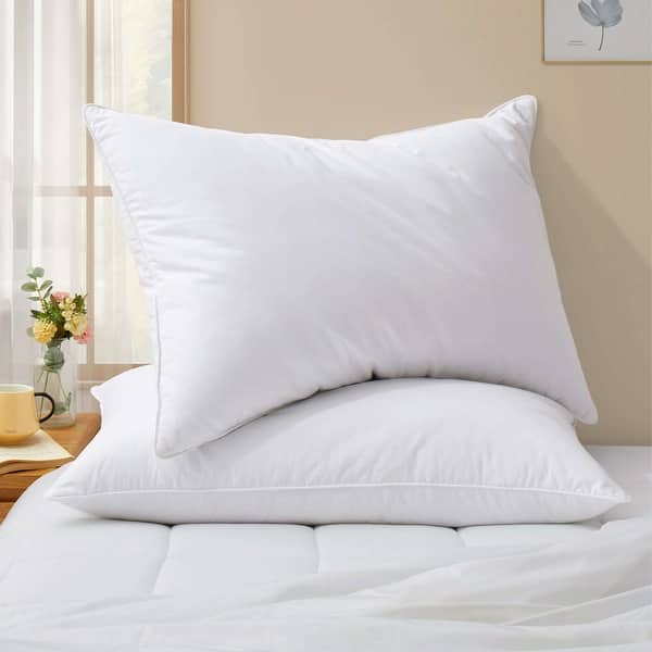 Set of 2 Goose Down Feather Oval Gusset Bed Pillows with 100% Cotton Cover - White - Medium - Queen