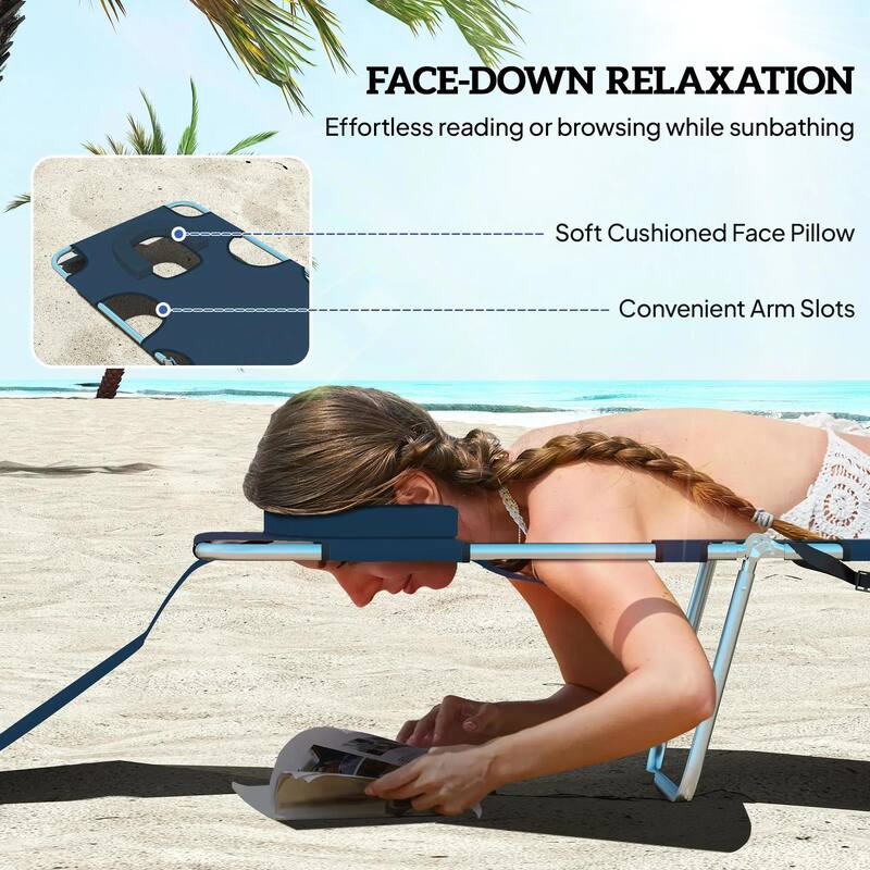 Folding Chaise Lounge Chair, 5 Position Sun Tanning, Face Hole,Pillow