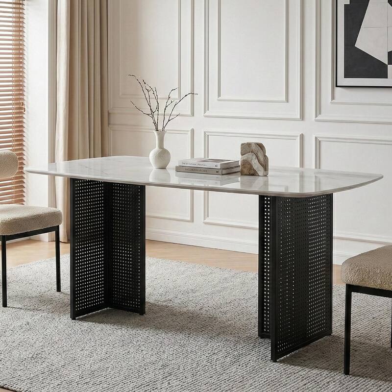 Rectangular Tempered Glass Dining Table for 6, Featuring a Marble-Patterned Design with black Hollow-Out Metal Legs