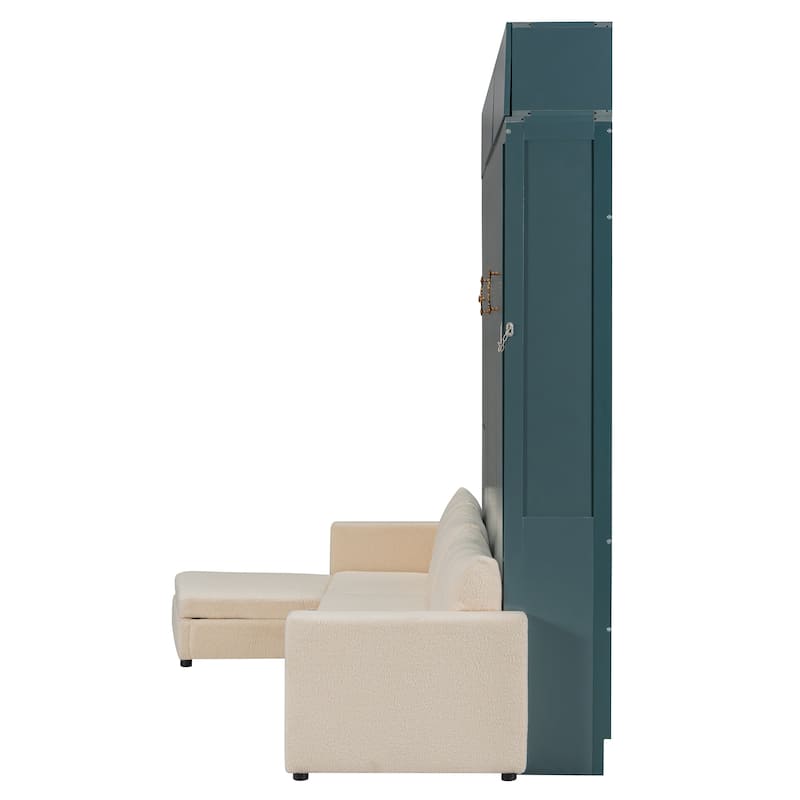 Queen Size Storage Murphy Bed Cabinet with L Shaped Sofa, Solid Wood Wall Murphy Bed Frame, No Box Spring Needed